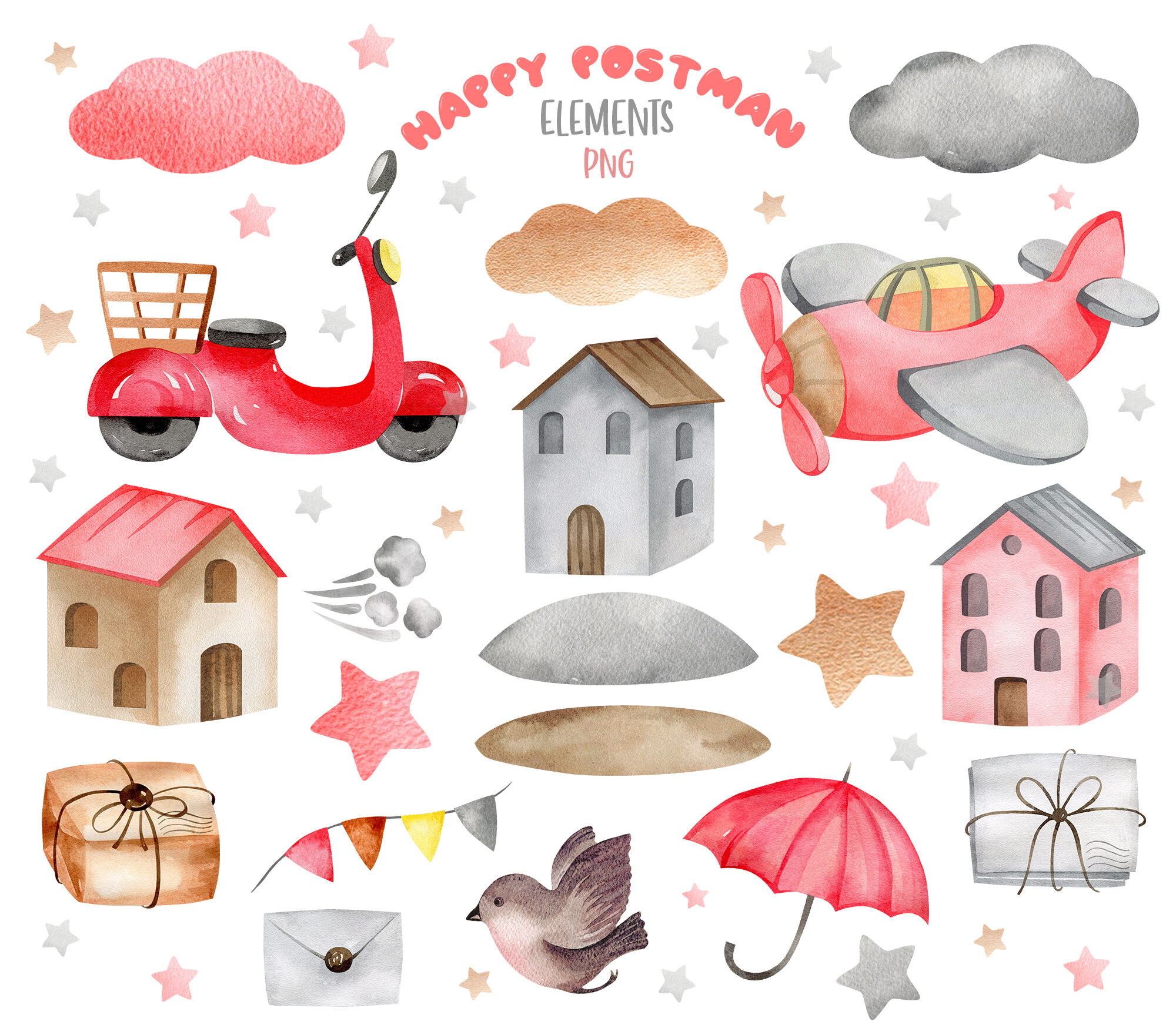 Happy postman. Clipart of watercolor illustrations. By NiceBigArt ...