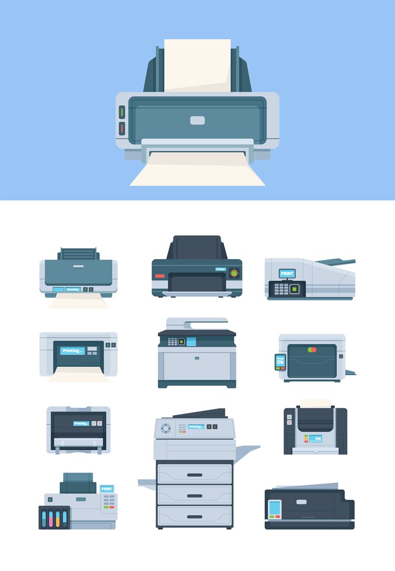 Printer. Inkjet office and industry machines terminal pc flat printers ...