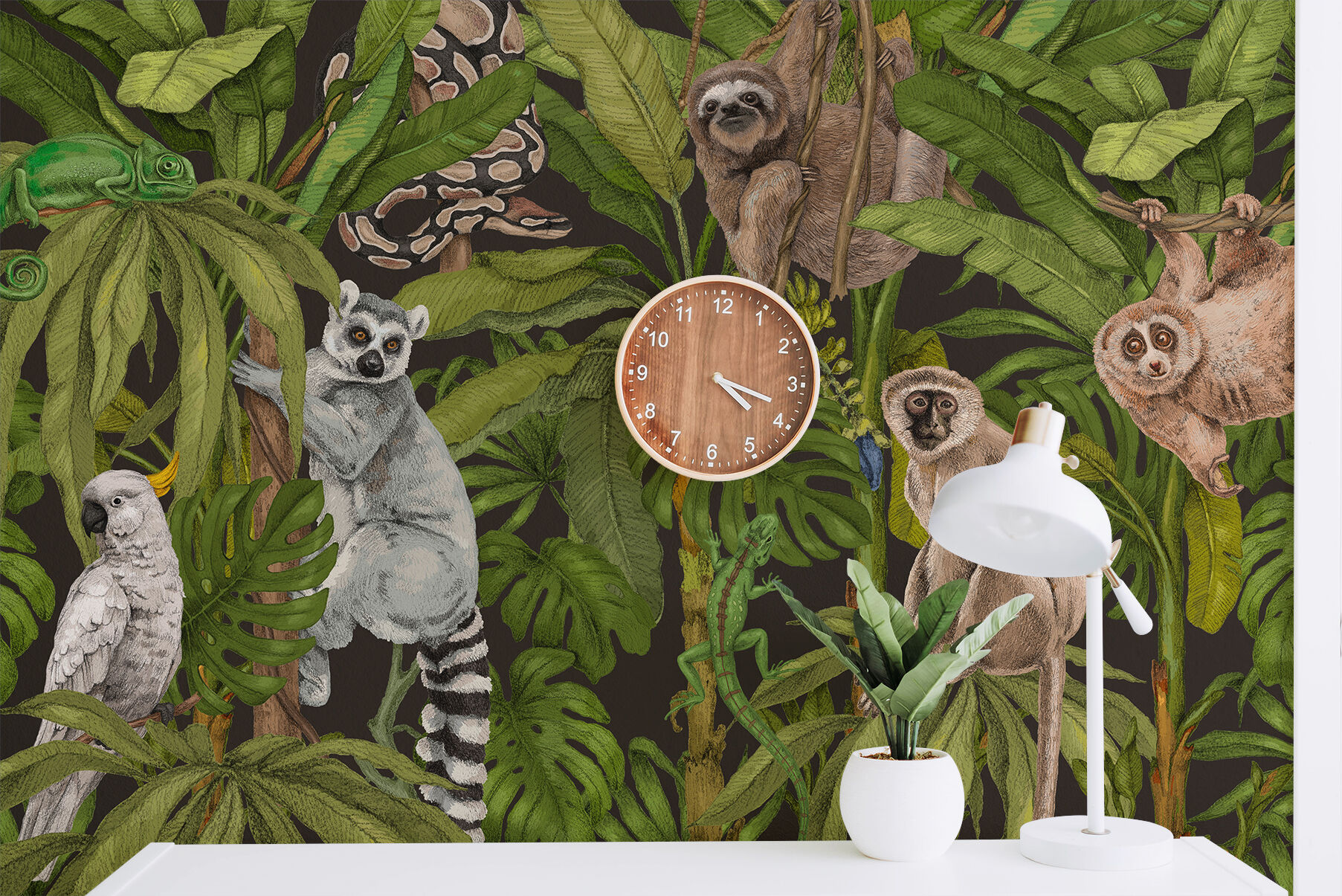 Set of isolated jungle animals and tropical plants