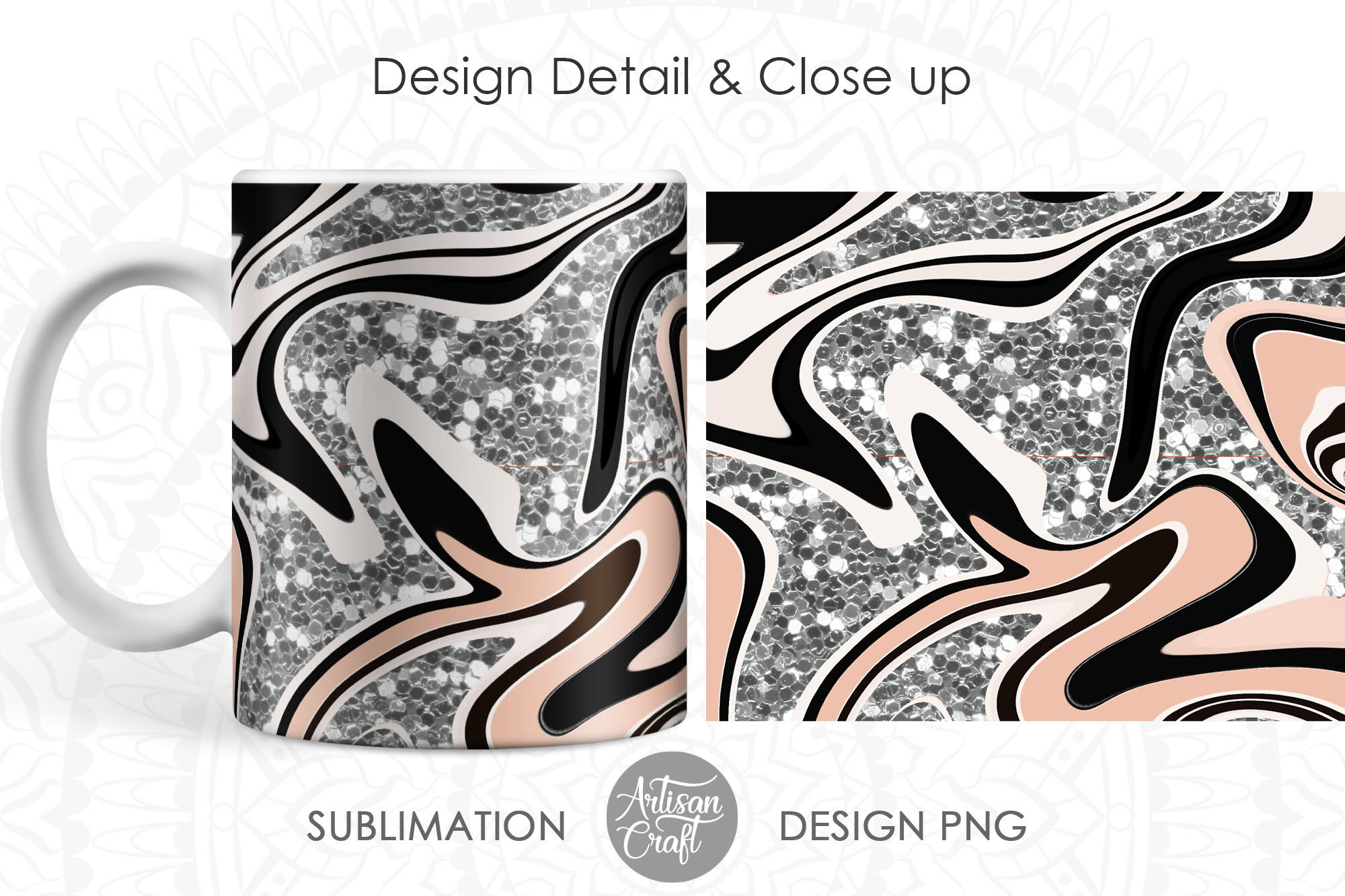Sublimation designs for mugs, 11 oz mug, Fluid art, silver glitter By  Artisan Craft SVG