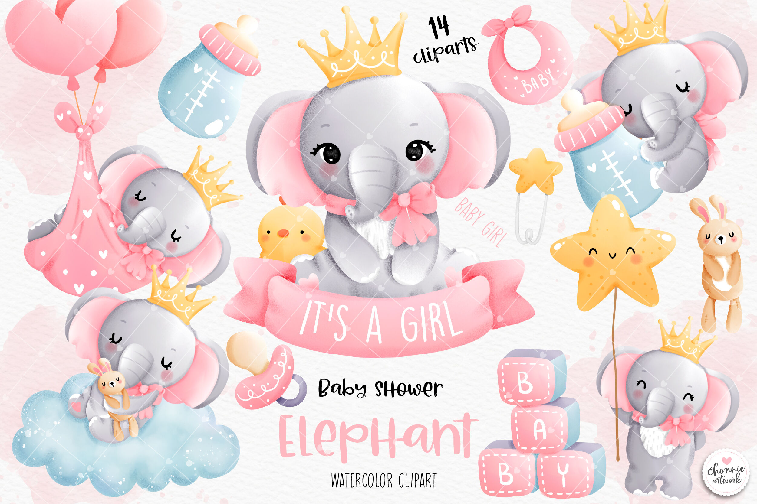 Girl Elephant Clipart, baby clipart, baby Elephant cl By Chonnieartwork | TheHungryJPEG