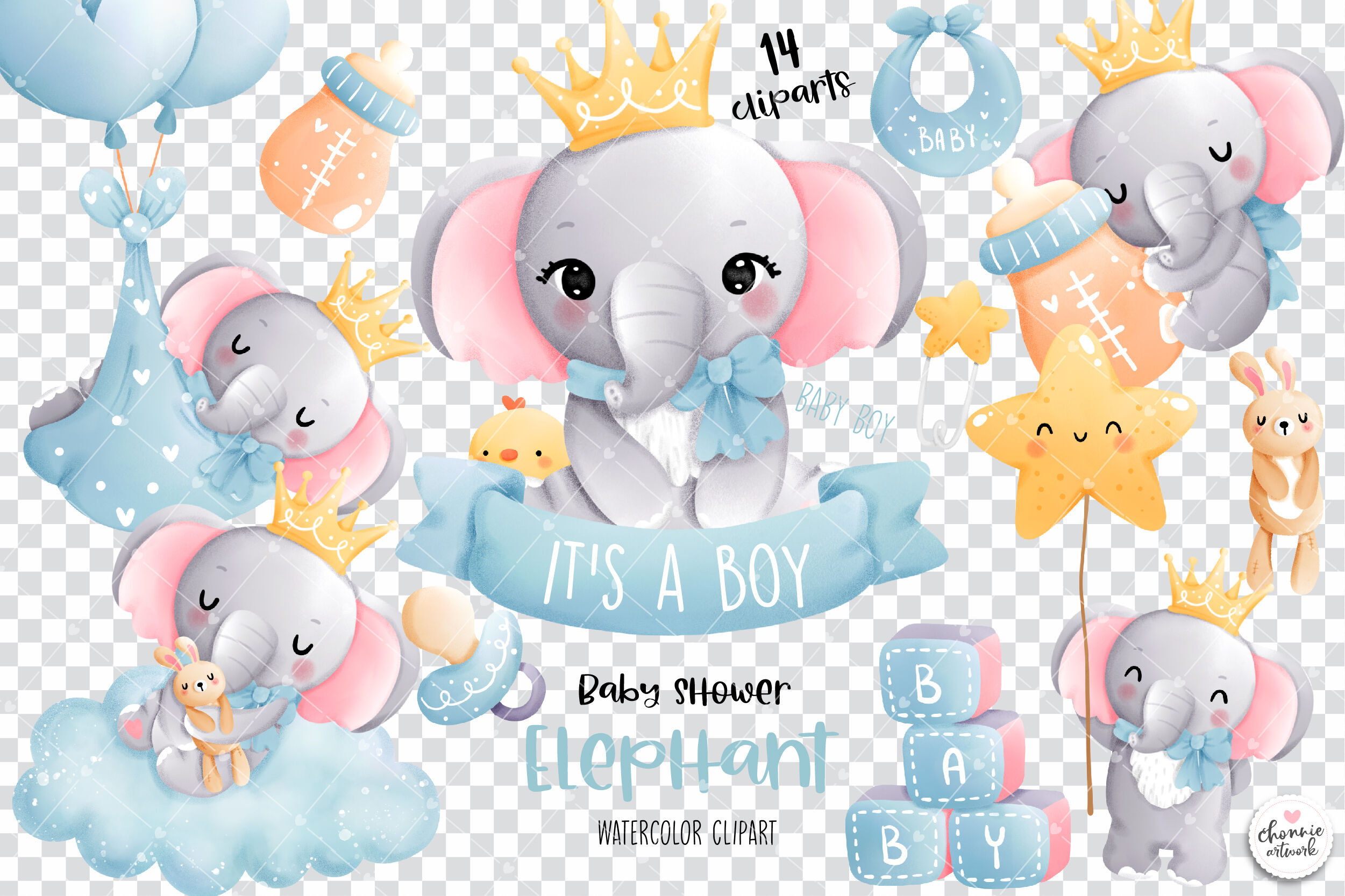 Boy Elephant Clipart, baby Boy clipart, baby shower Elephant clip Chonnieartwork |