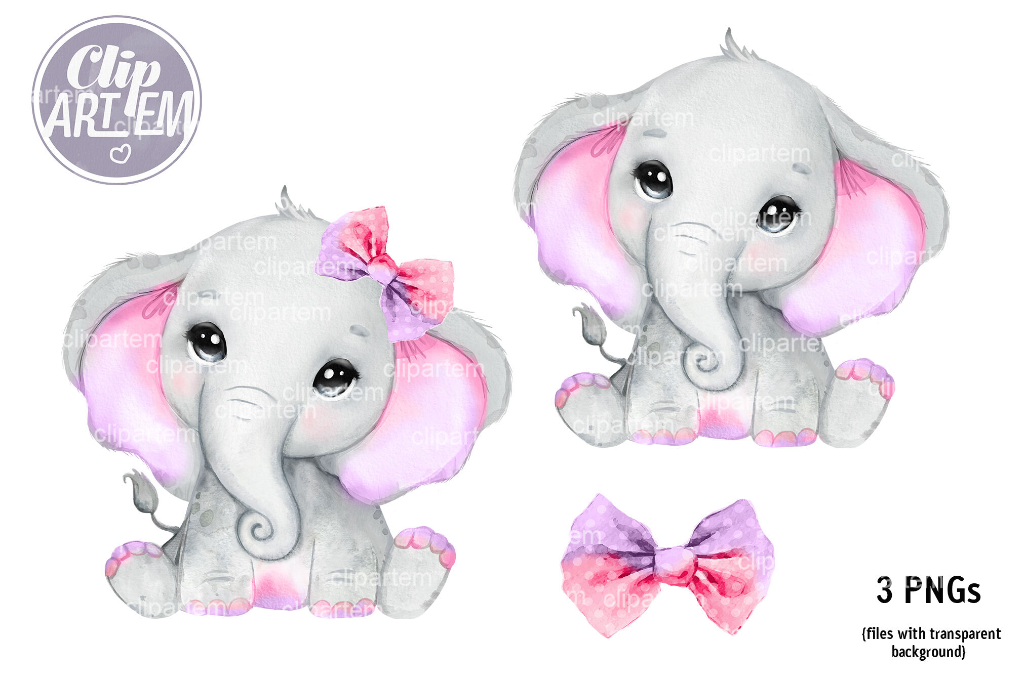 Cute Pink Purple Girl Elephant with bow 3 PNG images By clipArtem ...