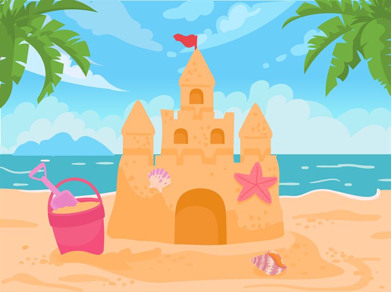 Cartoon sand castle, bucket and shovel at sea beach. Sand tower with s By  Tartila | TheHungryJPEG