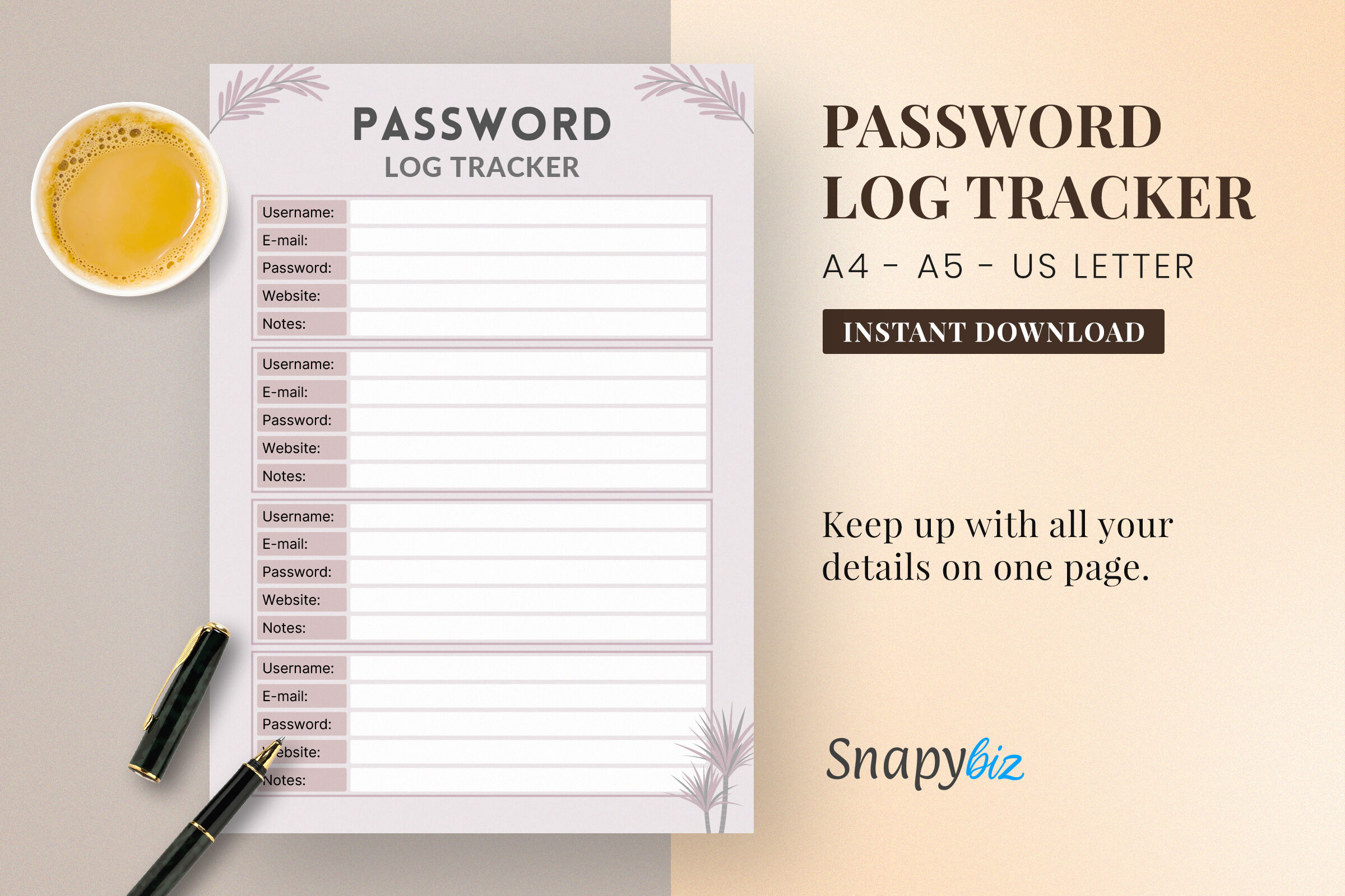 Password Tracker Printable, A4 Password, A5 Password, US By SnapyBiz