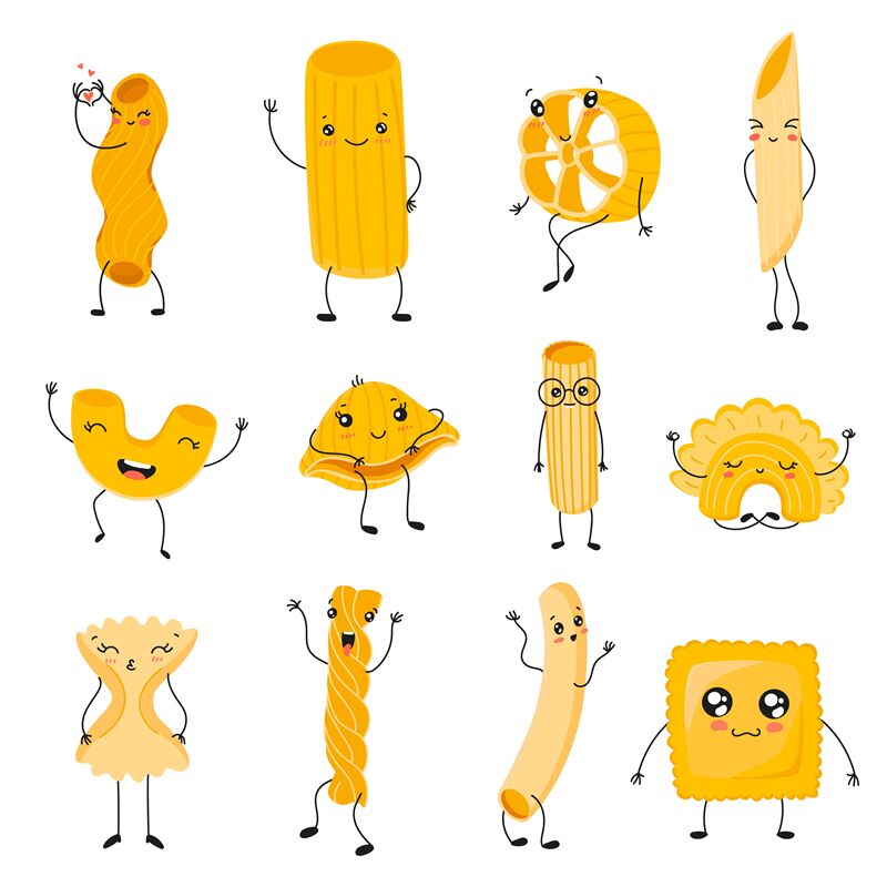 Pasta characters. Funny noodles with cute faces, hands and feet