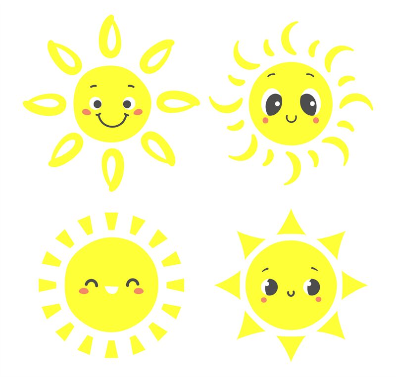 Hand drawn sun. Cartoon sunny characters with smiling faces. Happy mor ...