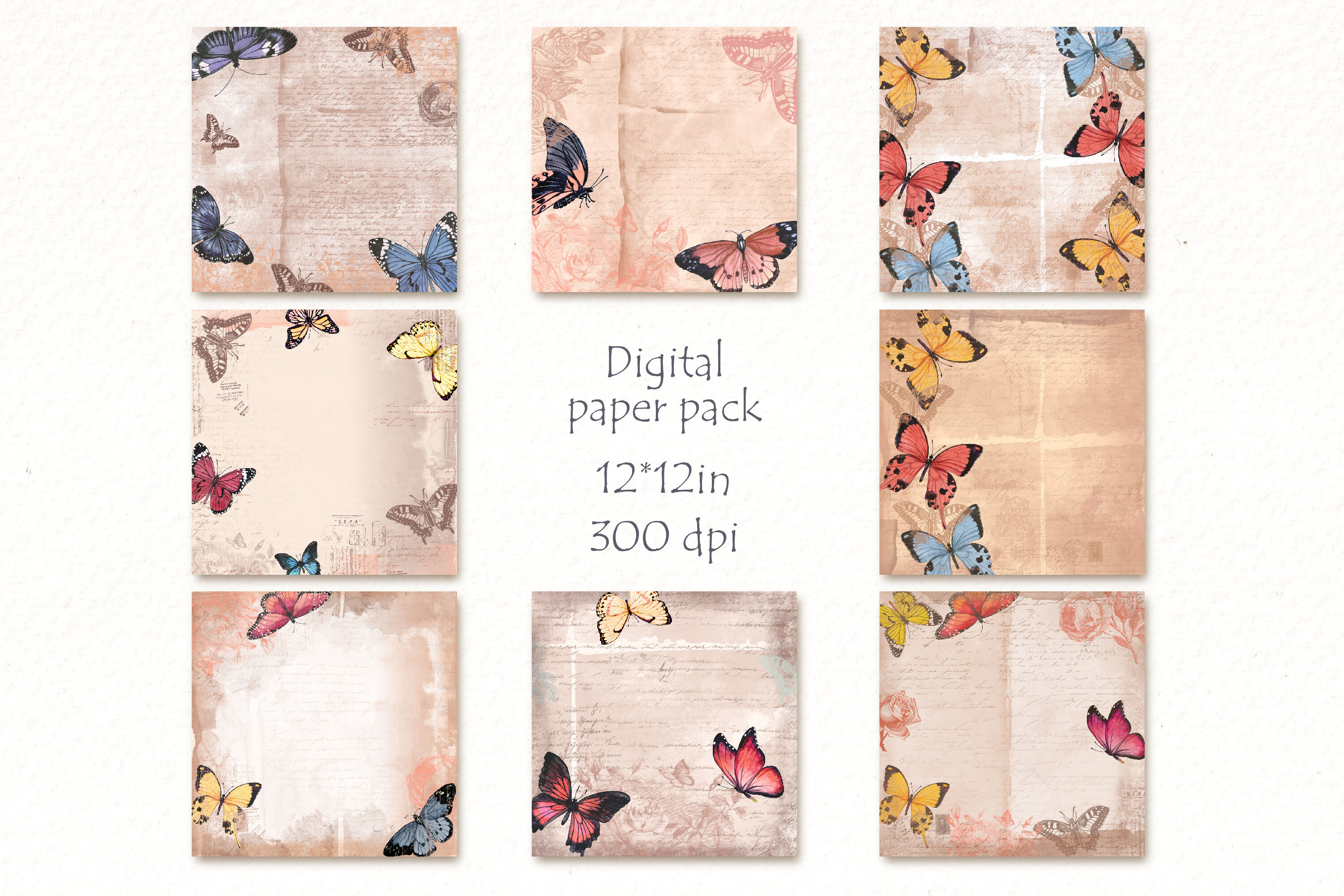 Shabby Vintage Butterflies Paper Pack, Digital Scrapbook Paper