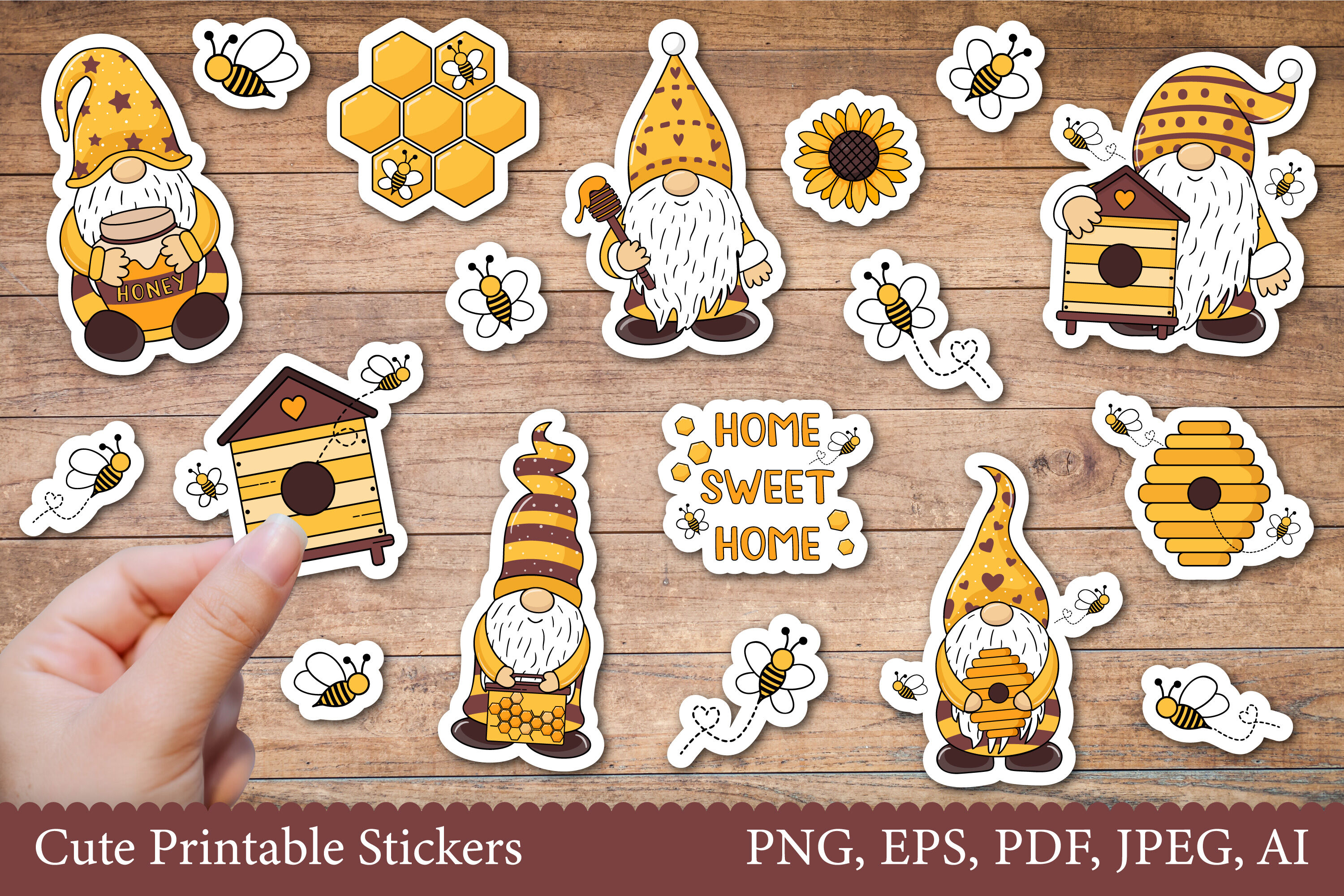 Gnomes and Bee Stickers, Print and Cut Stickers By MaryMykh | TheHungryJPEG