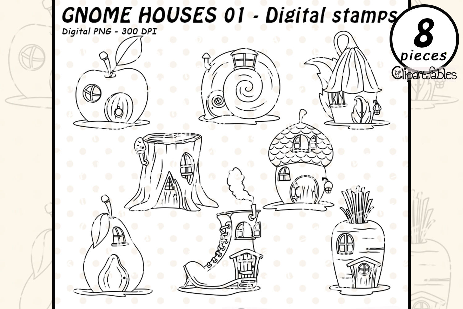 Kitchen Gnomes. Digital Stamps Gnomes, Black and White