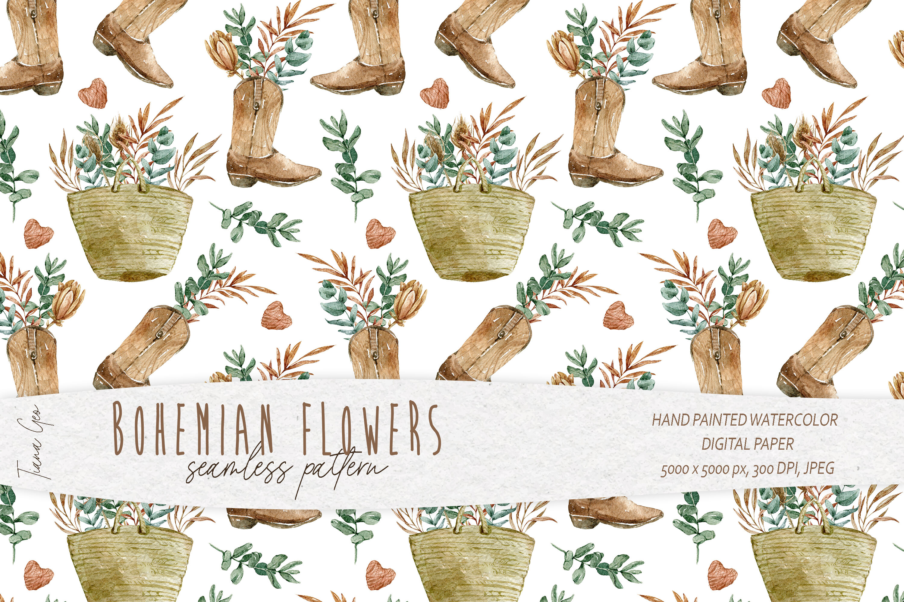 Boho Floral Scrapbook Paper -12 JPEG Graphic by Tiana Geo