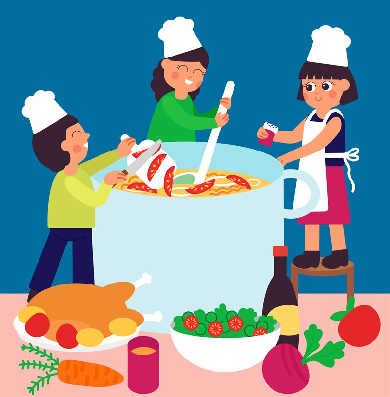 Cooking concept. Cute cartoon people cook, soup and turkey with vegeta By  Microvector | TheHungryJPEG
