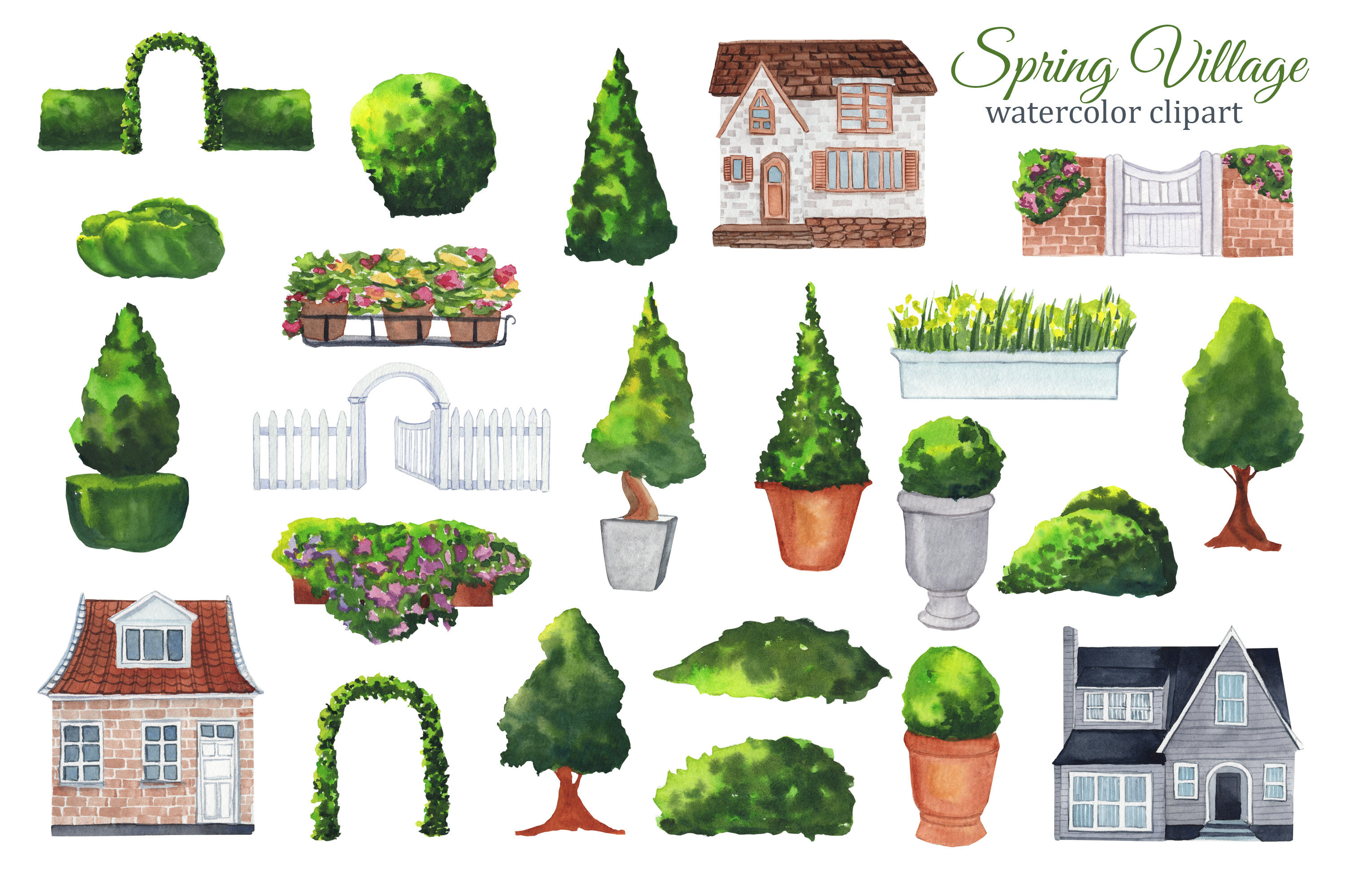 Spring village houses watercolor clipart, sweet home PNG, scene creator ...