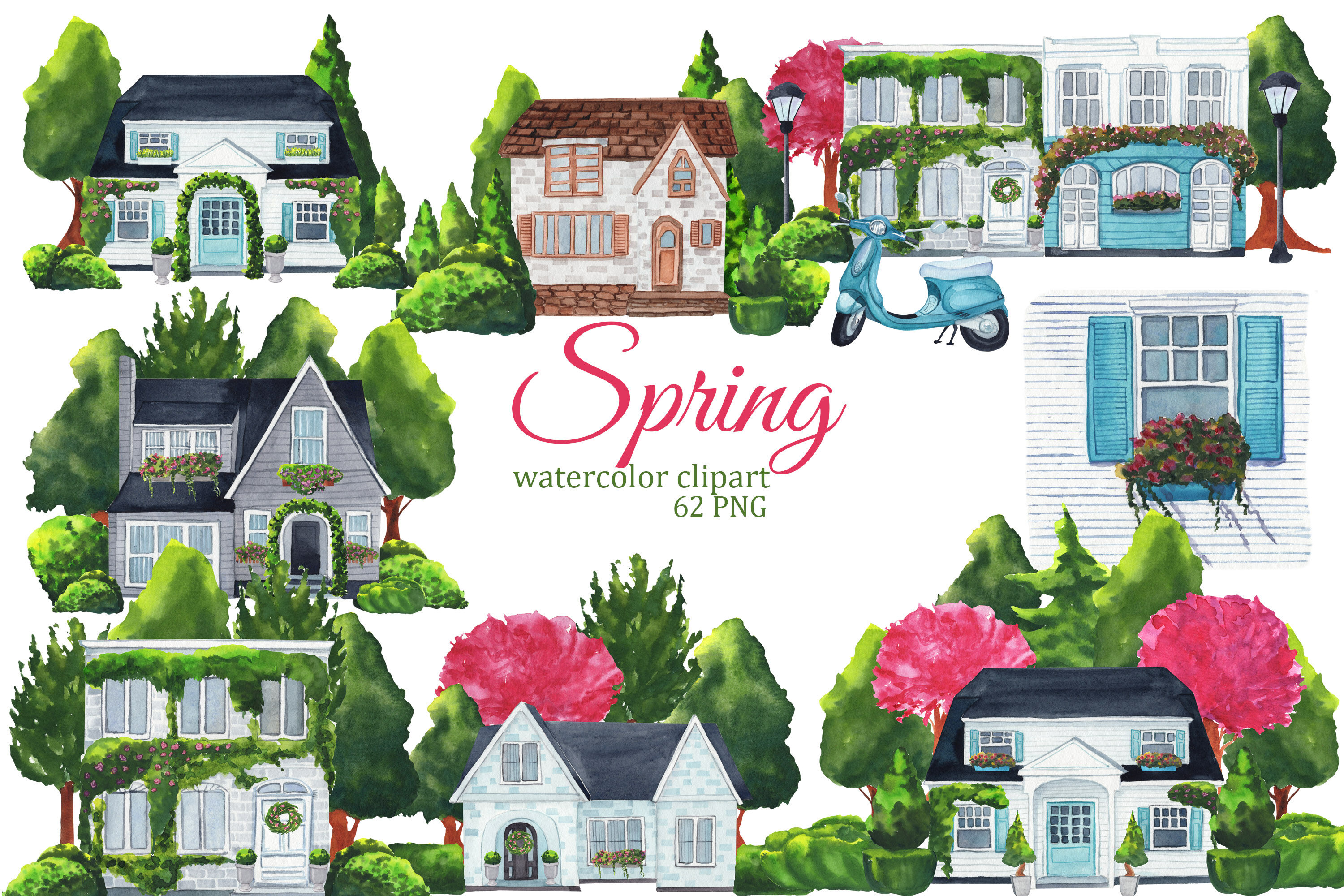 Watercolor houses clipart, spring town, summer village, house PNG, sce By  Svitlana Yanyeva | TheHungryJPEG