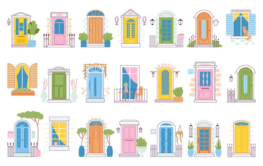 Front doors and windows. Cartoon flat entrance, house facades elements By  Microvector | TheHungryJPEG
