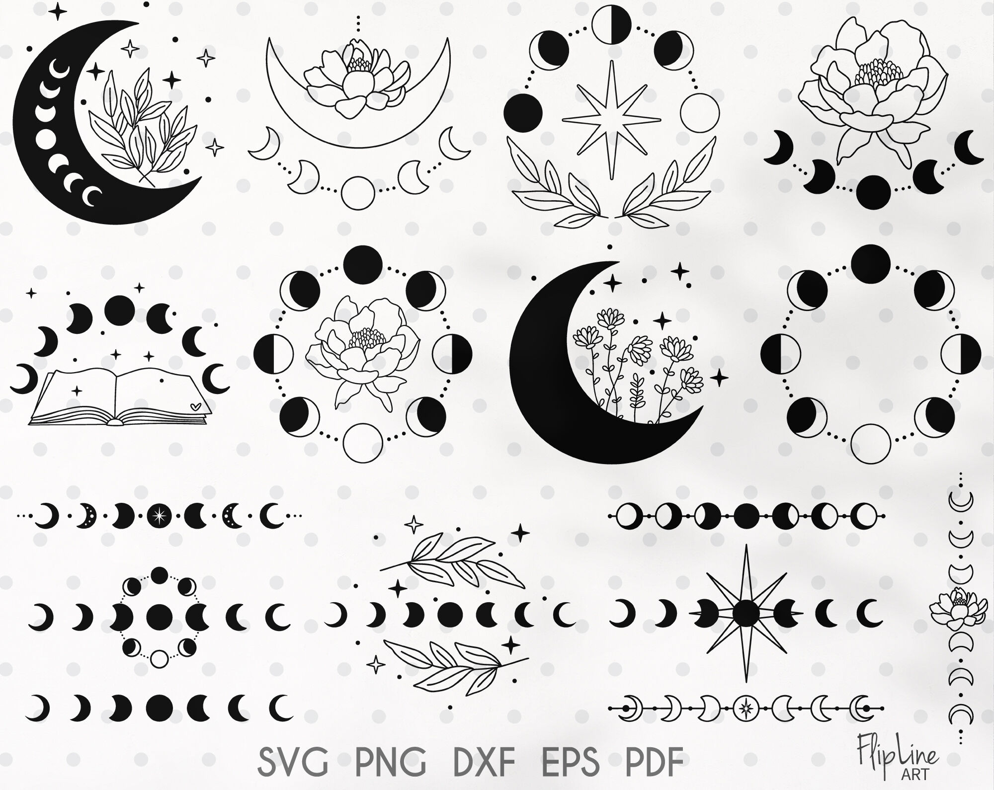 Moon phases bundle SVG & PNG Celestial clipart, Peony Floral By 4eka ...