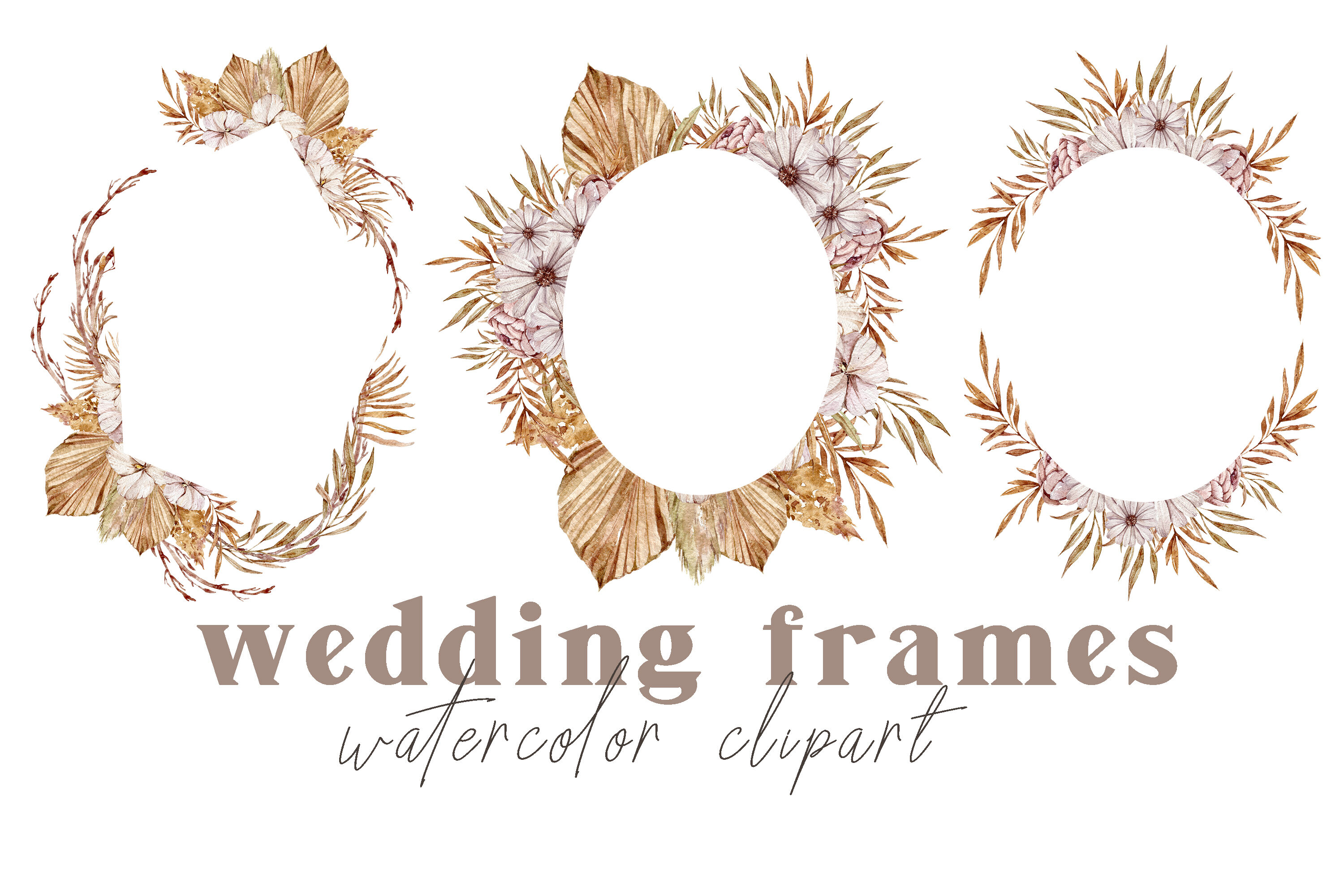 Watercolor wedding floral boho frames clipart- 3 png files By