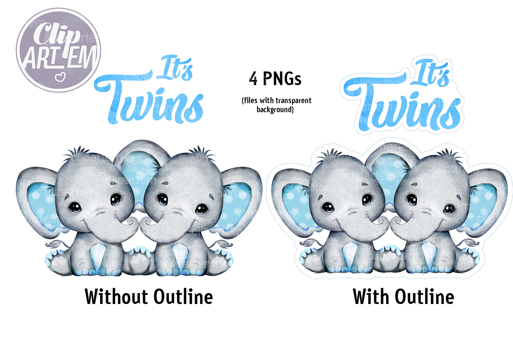 Twin Boys Elephants It's Twins clip art 4 PNG watercolor image By clipArtem