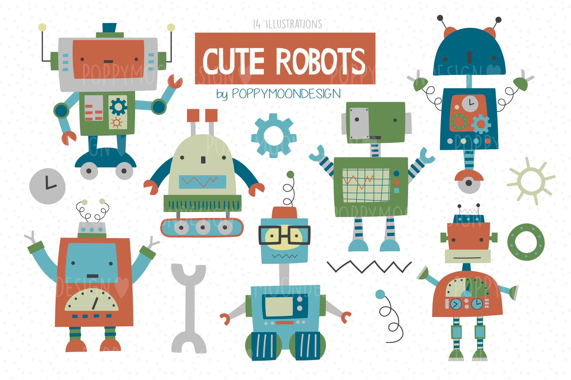 Cute Robots Clipart Digital Download Robots PNG Sublimation 