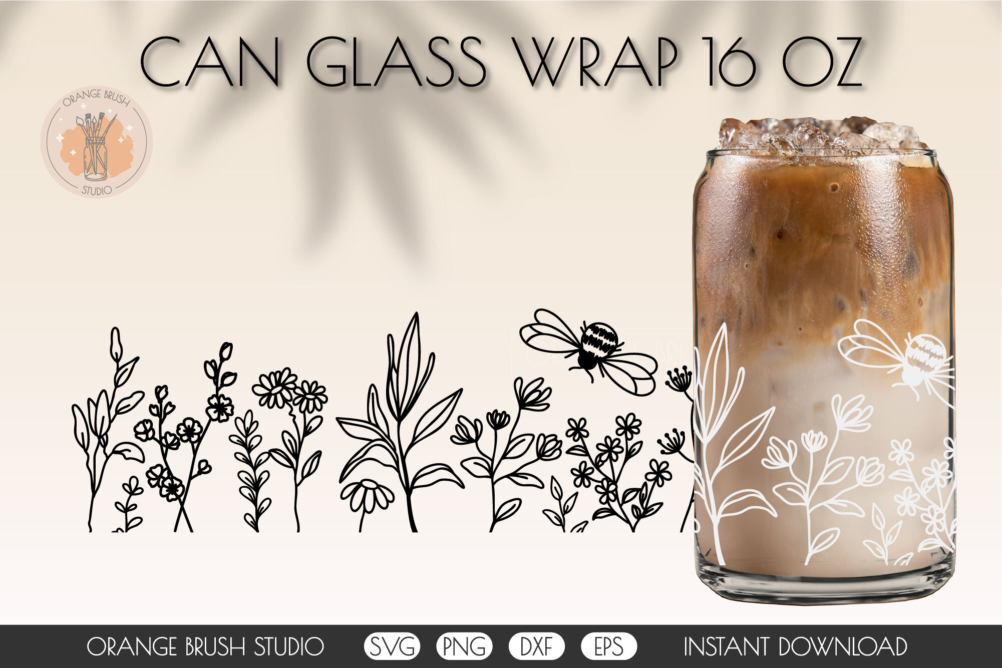 Flowers And Bee SVG Can Glass Wrap For Beer Coffee 16 Oz DIY By Orange