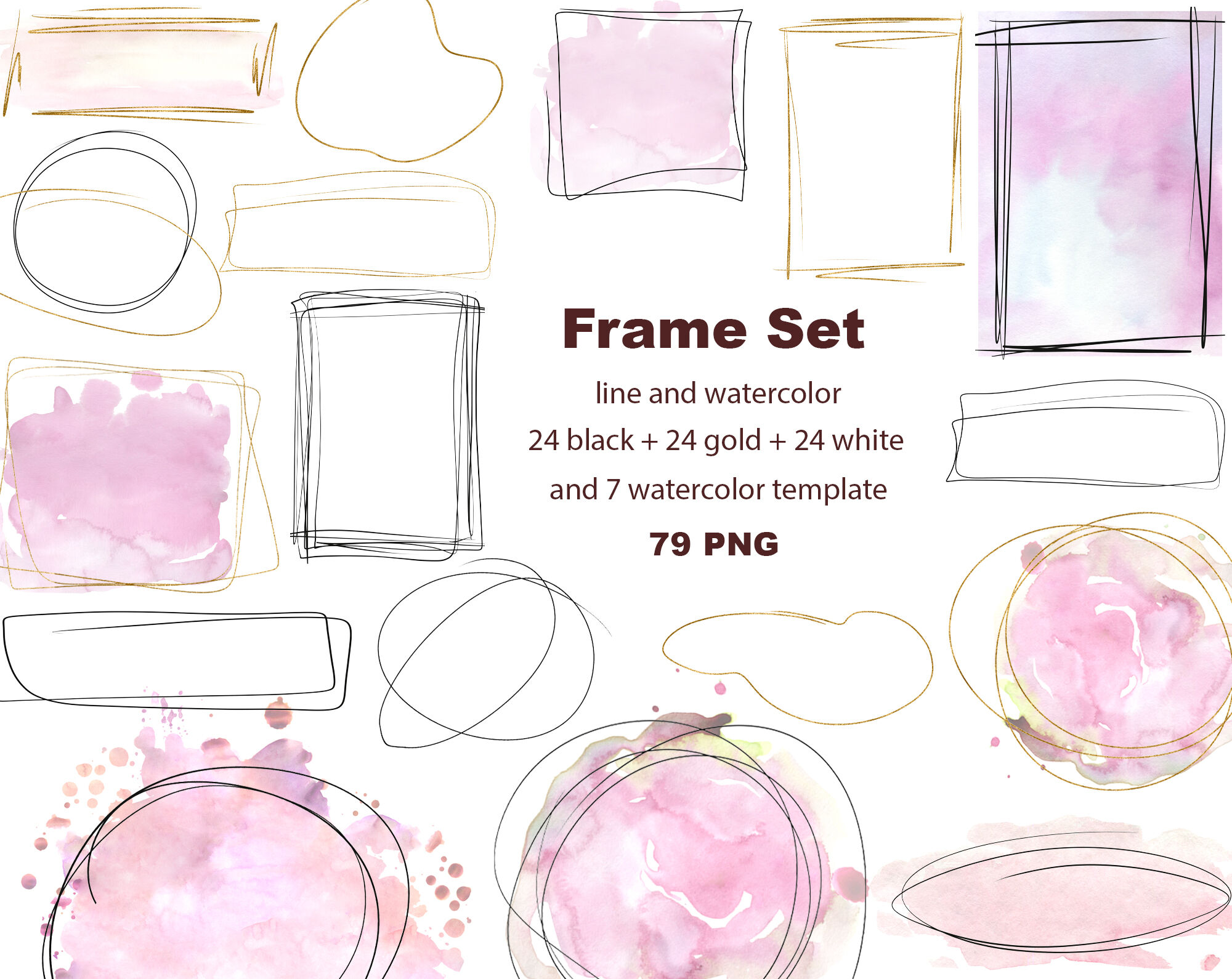 Gold Frame Clipart, Pink Watercolor Splashes, Frame set PNG, Minimalist  Abstract Shapes, Gold and watercolor frame, Invitation Template By