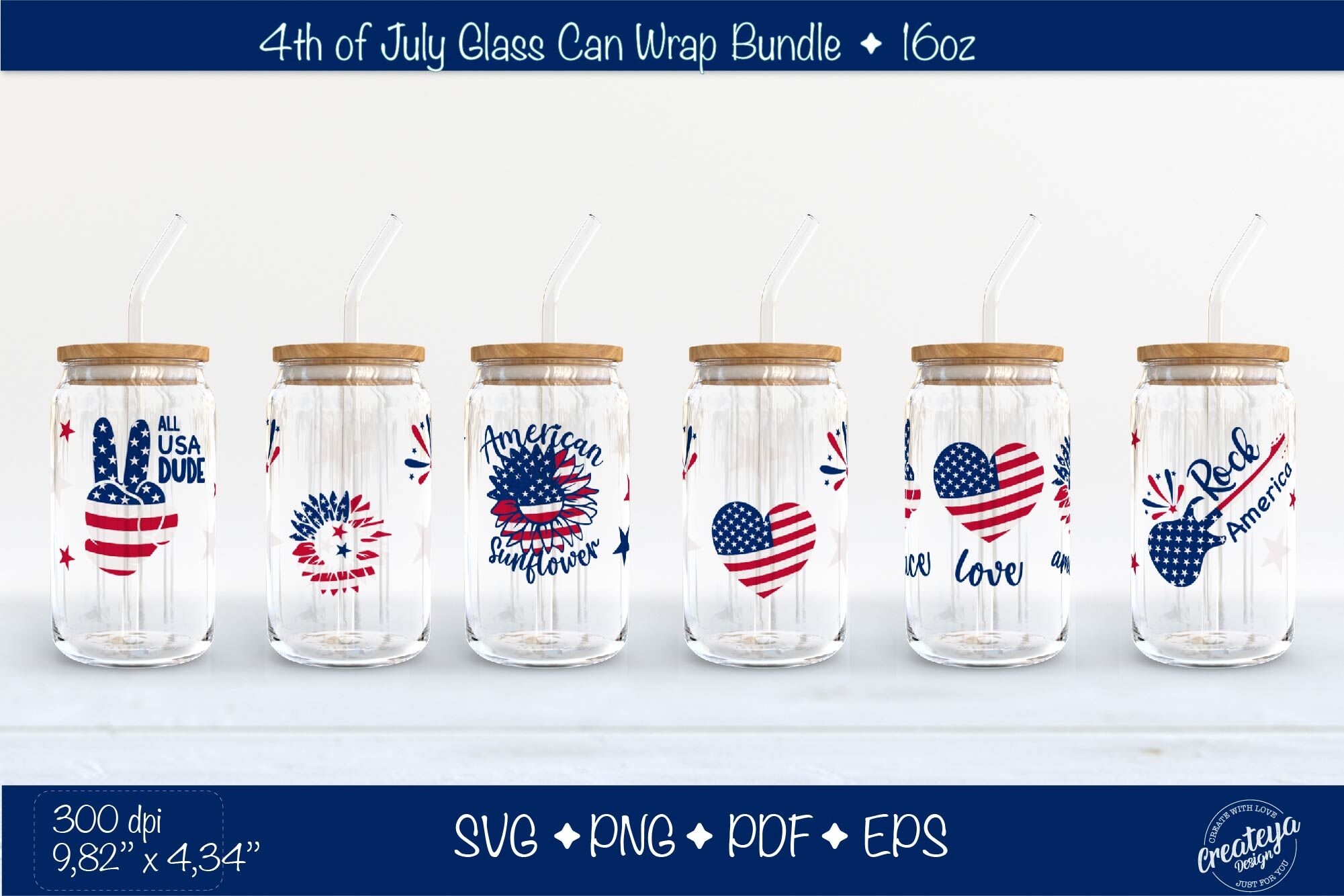 4th of July Glass Can wrap. American sunflower Beer Can Glass Wrap