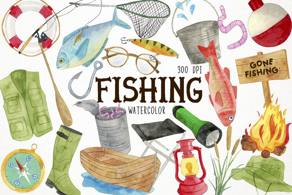 Watercolor Fishing Clipart, Fishing Supplies Clipart Fisherman