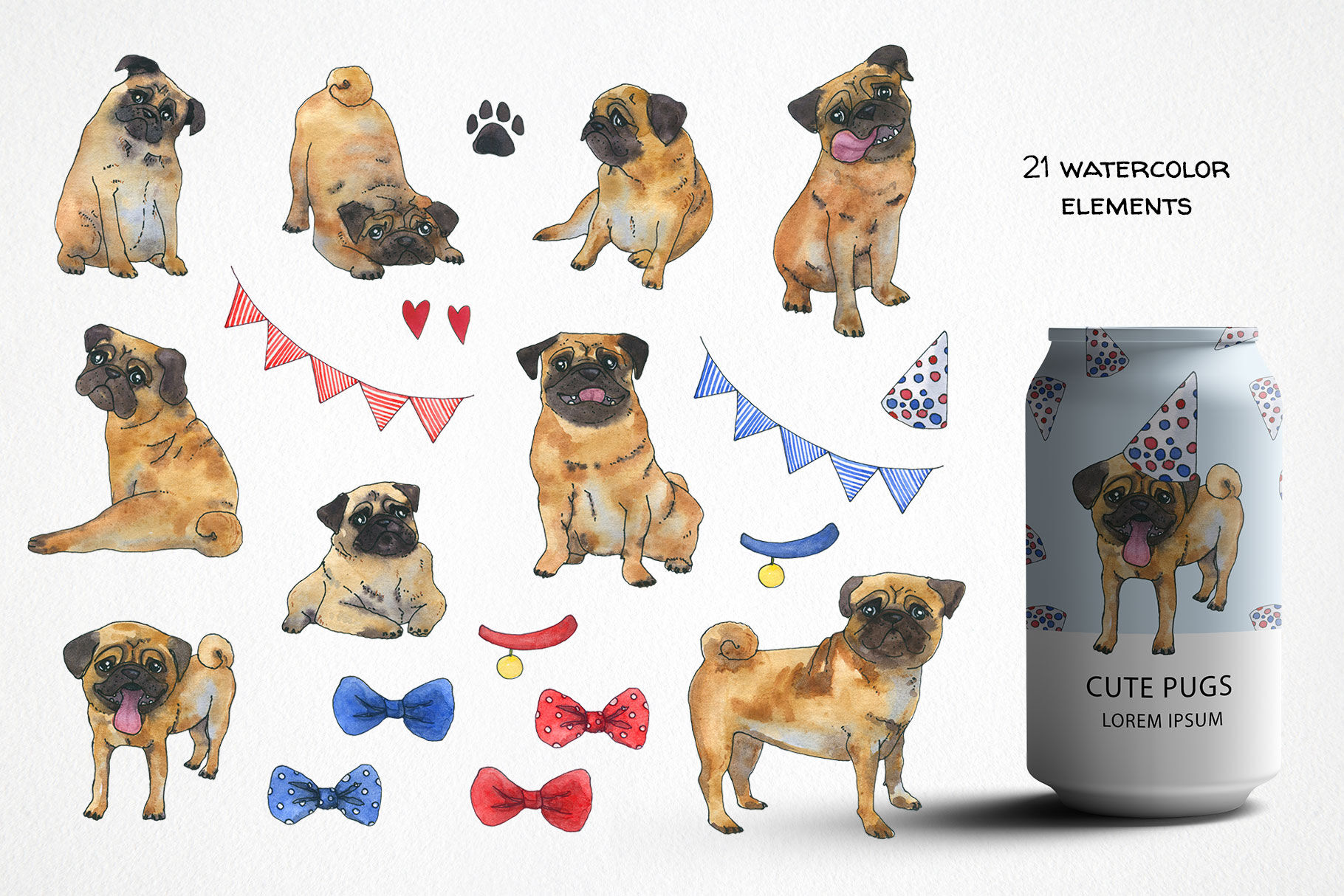 Dog birthday party watercolor clipart, Pug digital paper clip art