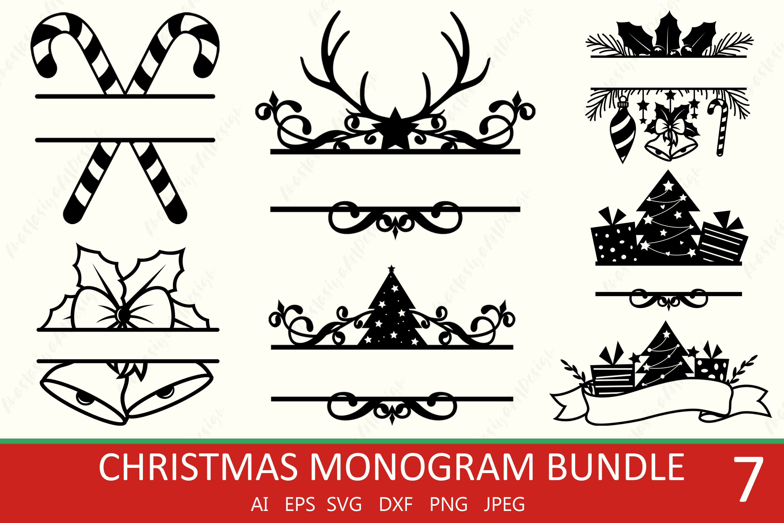 Christmas split monogram bundle, Holiday frame svg By Ananas