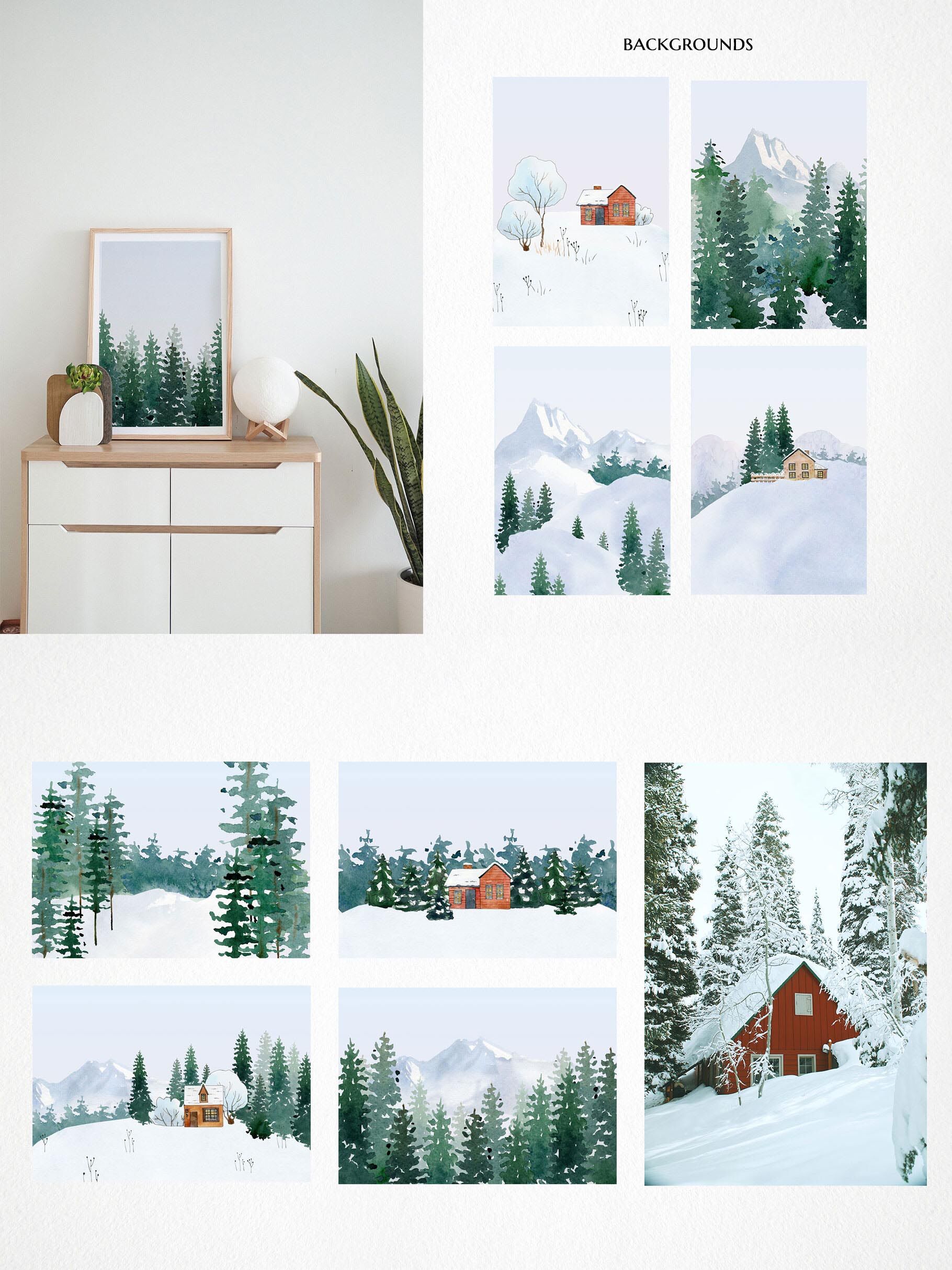 winter cottage village clipart, watercolor forest house animal people ...