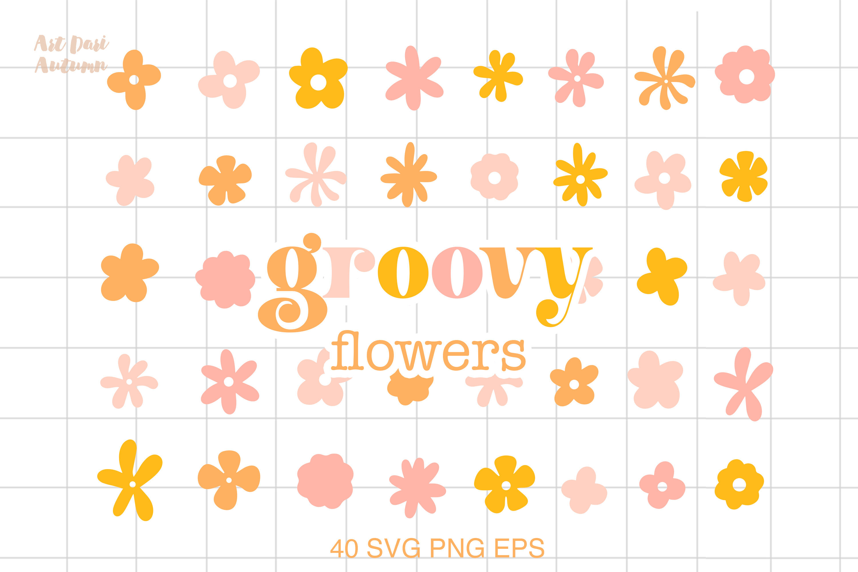 Retro Groovy Flowers SVG Bundle | 70s 60s Hippie Flowers By Art