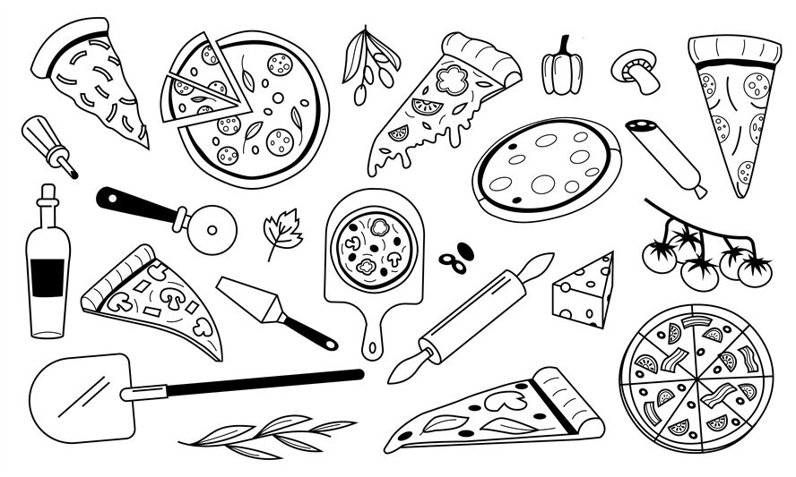 Doodle pizza. Italian food outline sketch, pepperoni mushrooms