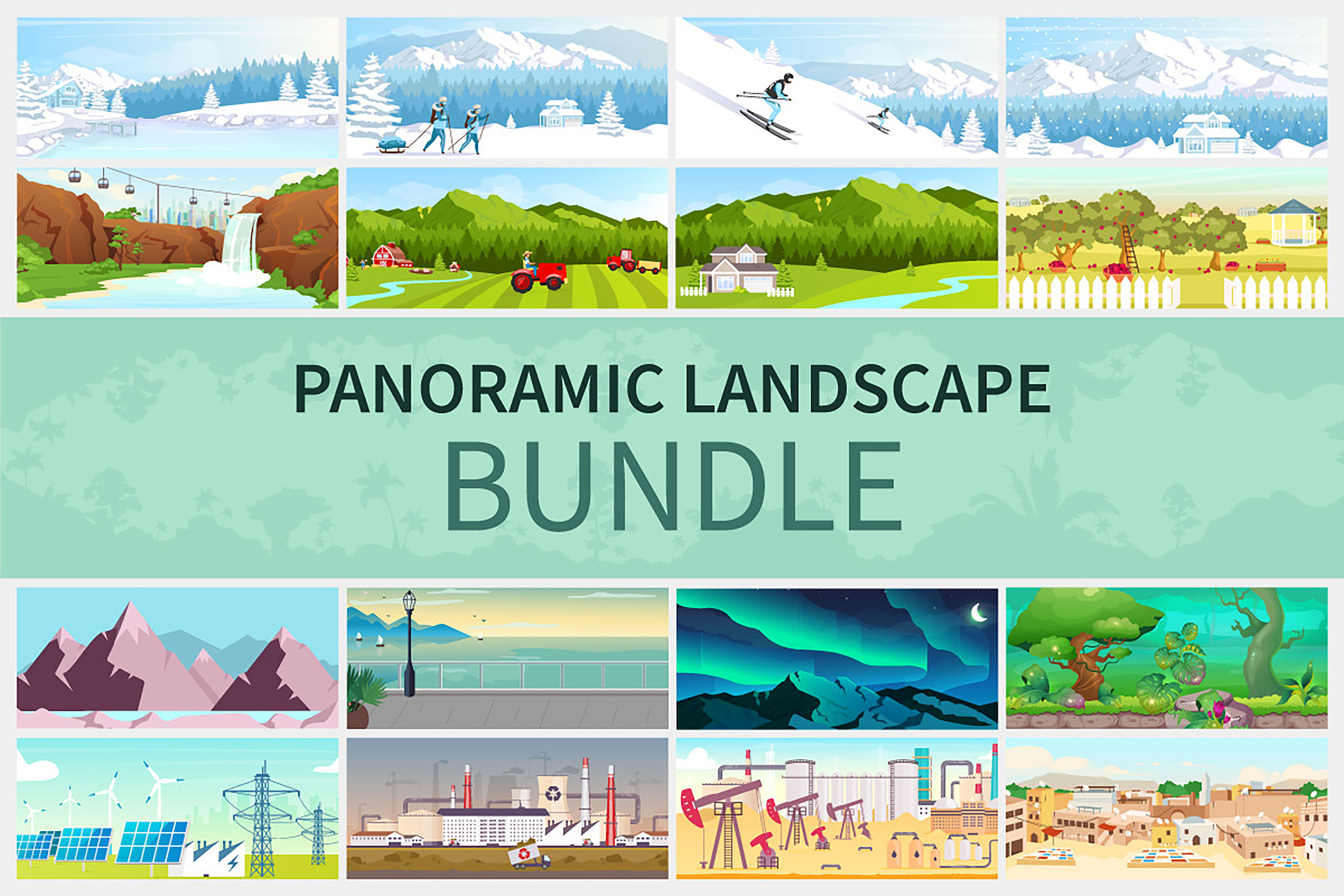 Panoramic landscape illustrations bundle By ntl-studio | TheHungryJPEG