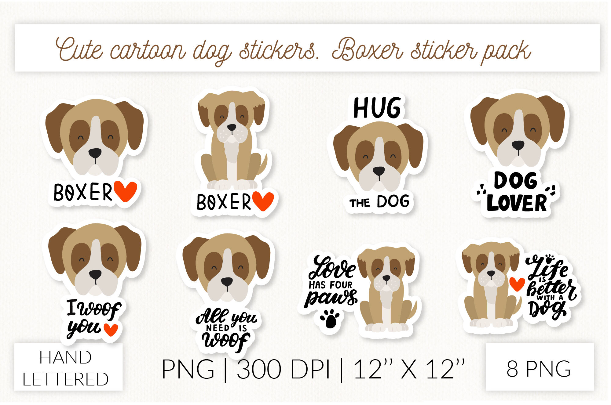 Cute cartoon dog sticker set. Puppy boxer stickers By LettersClipArt