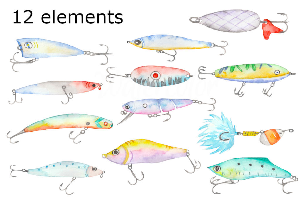 Watercolor fishing lures clipart fish father's day By