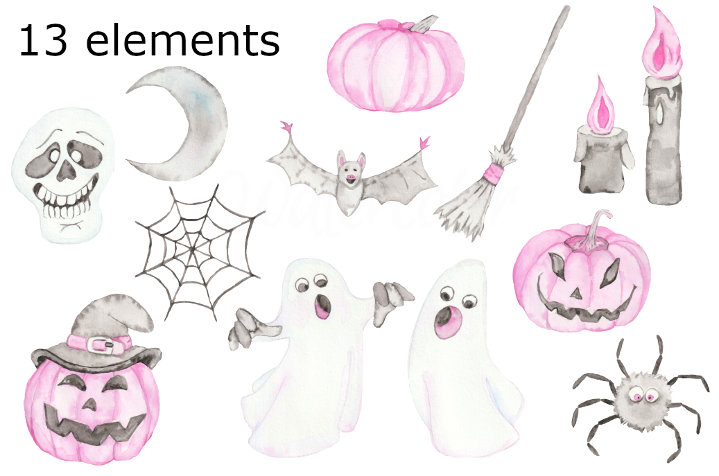 Watercolor pink Halloween clipart By Goodfairyclipart | TheHungryJPEG