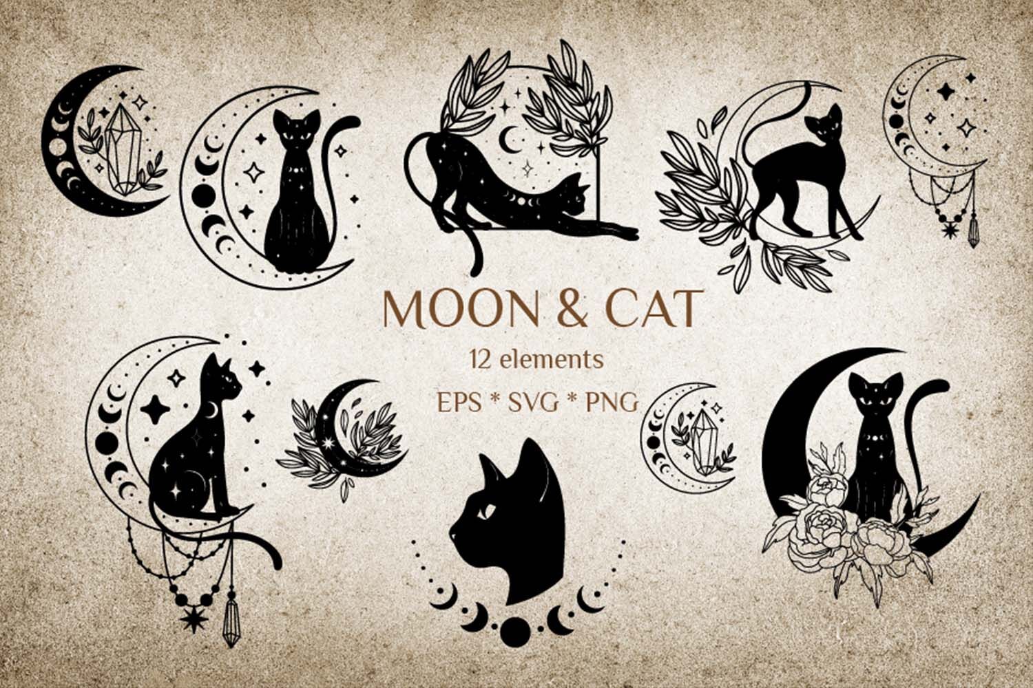 black cat and crescent moon - svg logo icon set