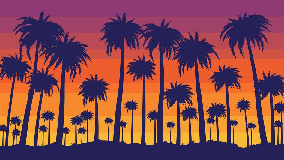 Retro beach sunset. Evening California palm trees, tropical paradise w ...