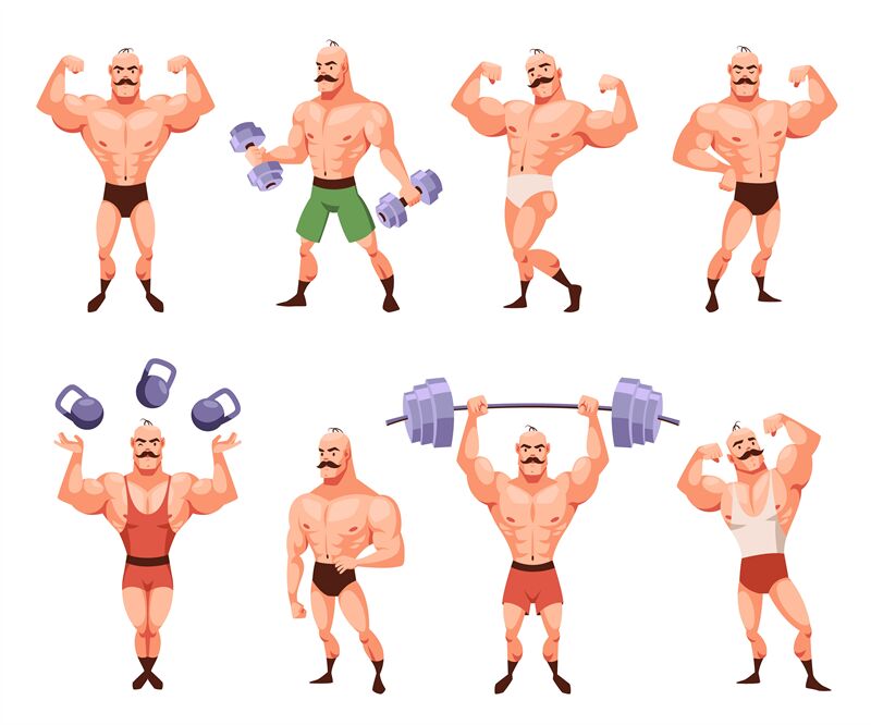 Cartoon bodybuilder character posing. Funny strong man with moustache By  YummyBuum | TheHungryJPEG
