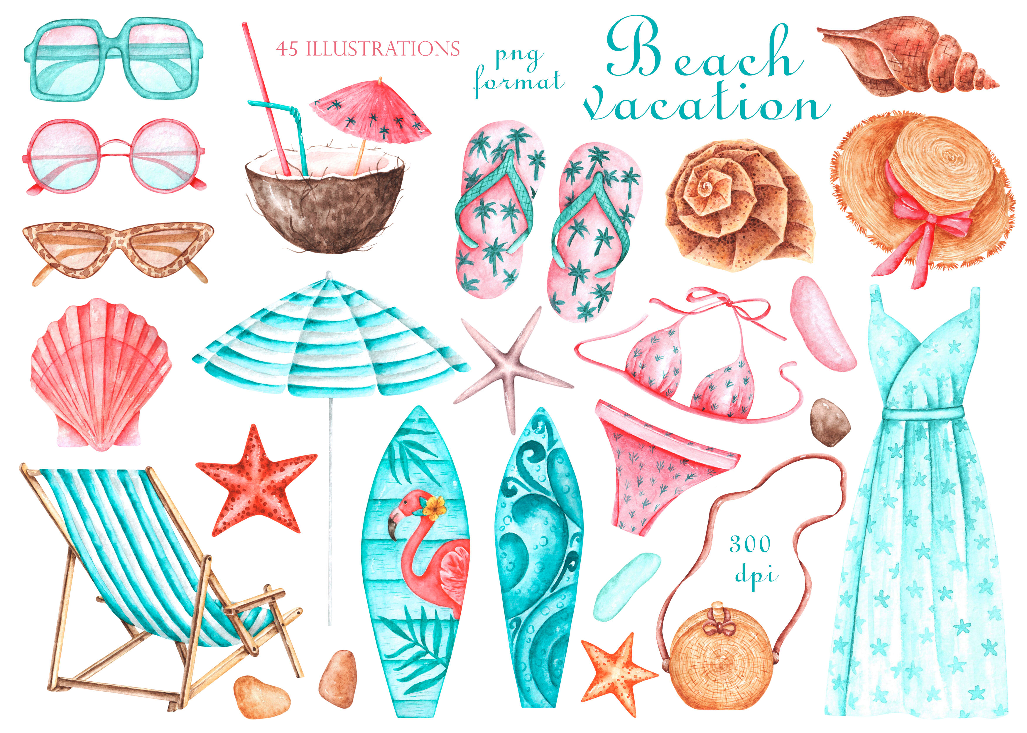 Watercolor Summer Clipart. Fashion Girls. Beach, Landscape