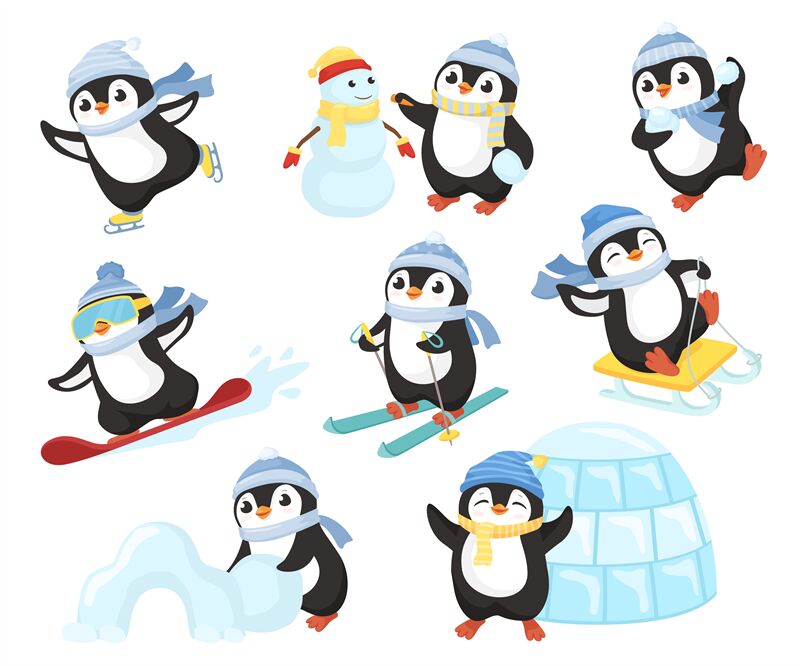 Penguin in winter activities. Little cute cartoon penguins characters By  WinWin_artlab | TheHungryJPEG