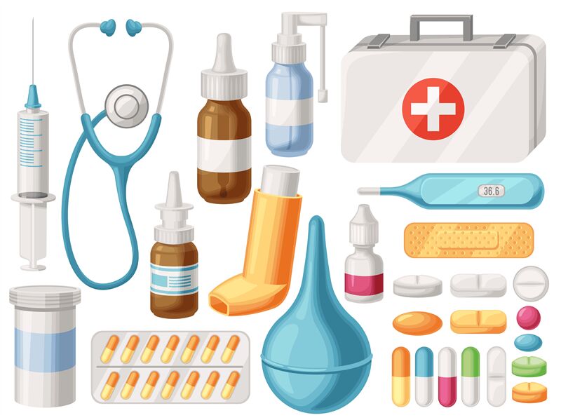 Medical sketched icons of hospital building, doctor and first aid kit,  glasses and microscope, medicine bottles and blood bag heart, syringe and  DNA Stock Vector Image & Art - Alamy