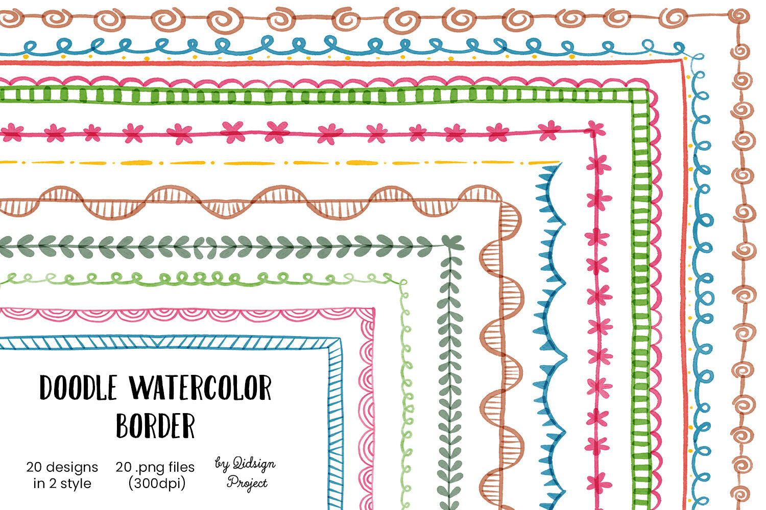 20 Doodle Watercolor Border, decorative elements By qidsign project ...