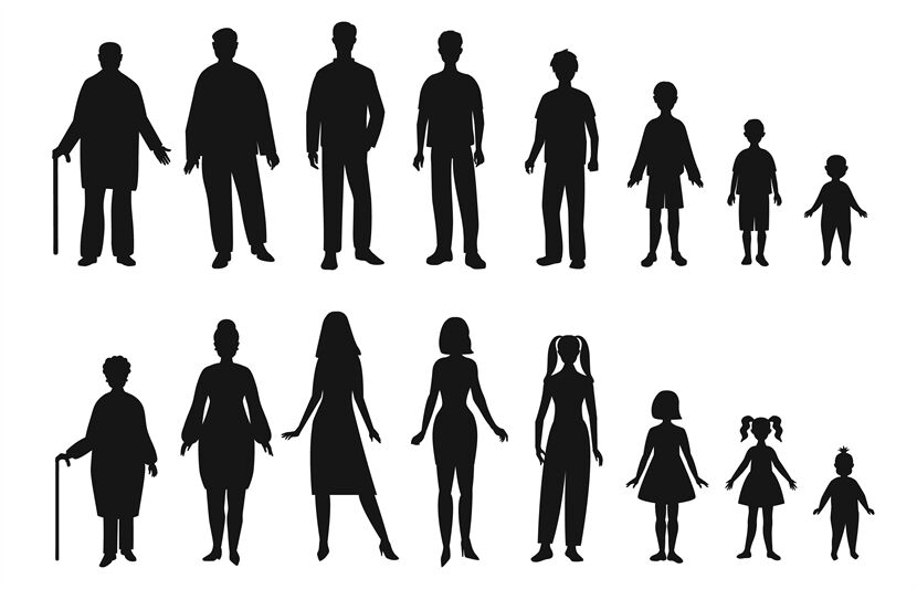 Human life cycle. Full silhouette of man and woman, young, adult and e ...