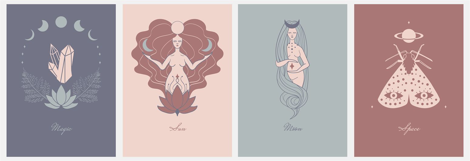 Boho posters. Mystic and mythology symbols. Cartoon naked women with l By  SpicyTruffel | TheHungryJPEG