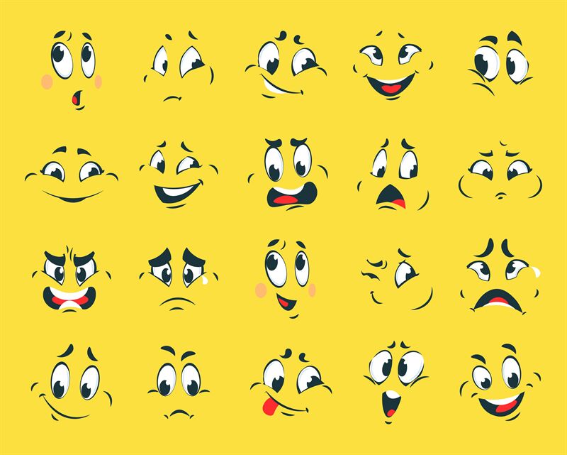 Funny faces. Cartoon emotion expressions. Emoticons with contour eyes ...