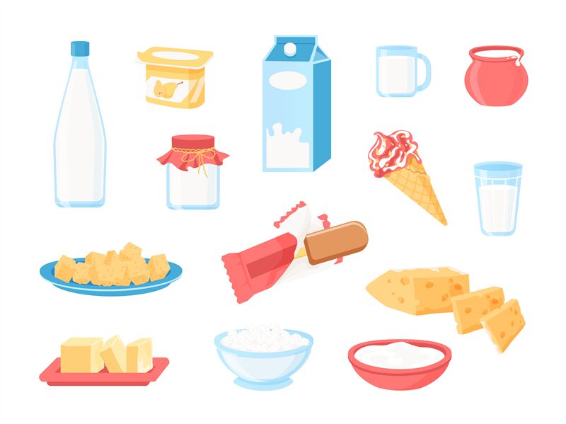 Dairy products. Cartoon milk in bottle, pack and glass, cheese yoghurt By  Tartila | TheHungryJPEG
