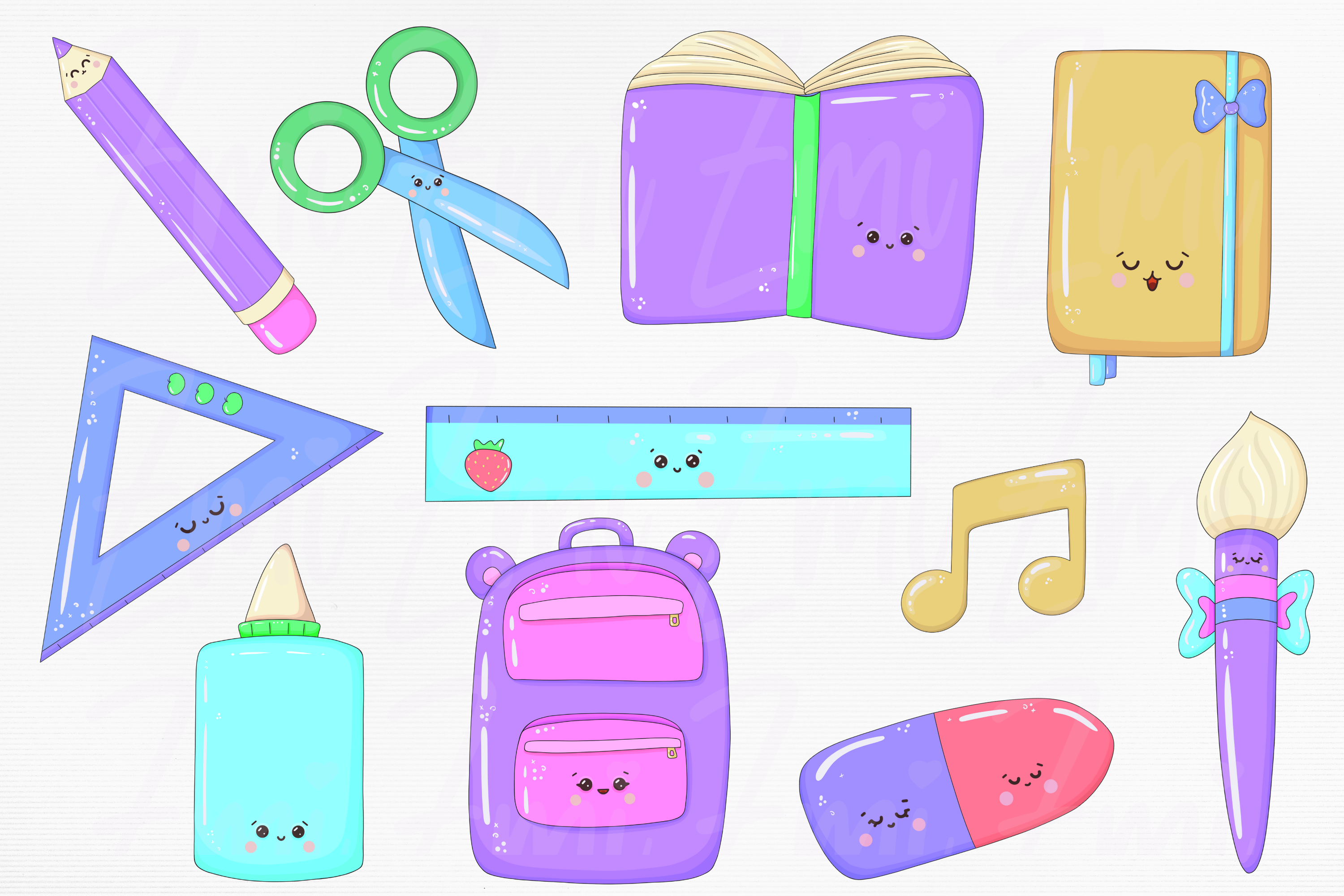 Kawaii school supplies clip art