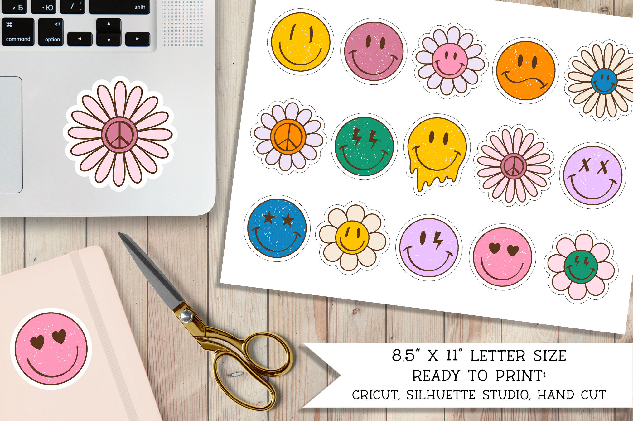 Retro Smile Face Sticker Bundle, Positive Stickers in PNG By ArtFM