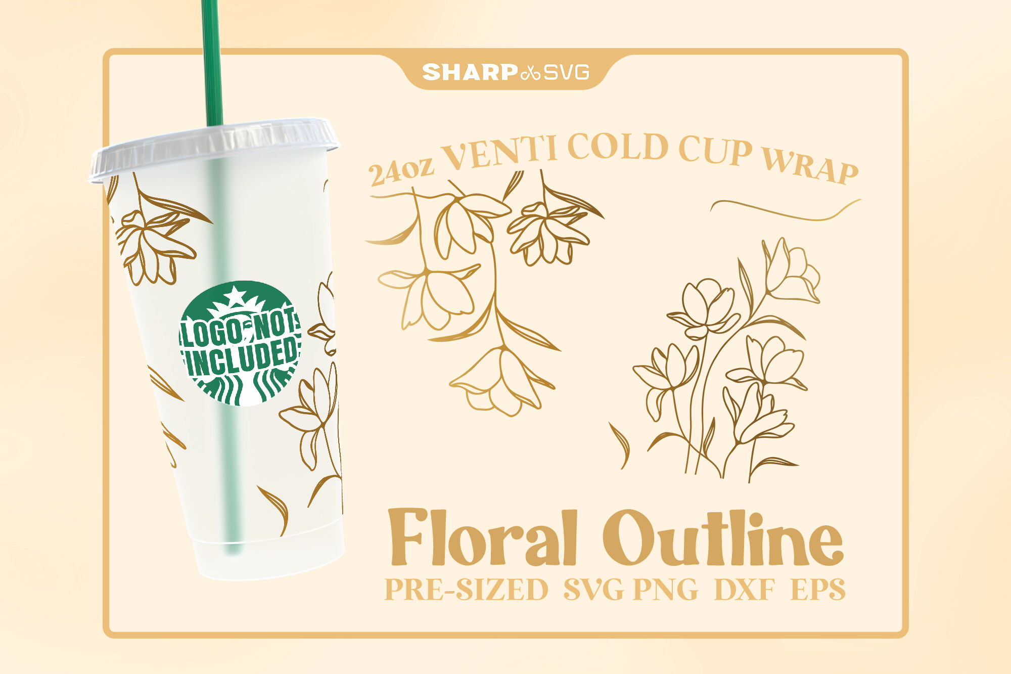 Floral Outline Svg 24oz Venti Cold Cup Svg Full Custom Wrap By Sharpsvg Thehungryjpeg 5290